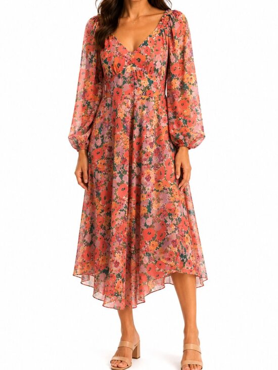 Lost + Wander Dresses & Skirts - Lost + Wander Floral Bliss Long-Sleeve V-Neck Midi Dress-[LA0657]